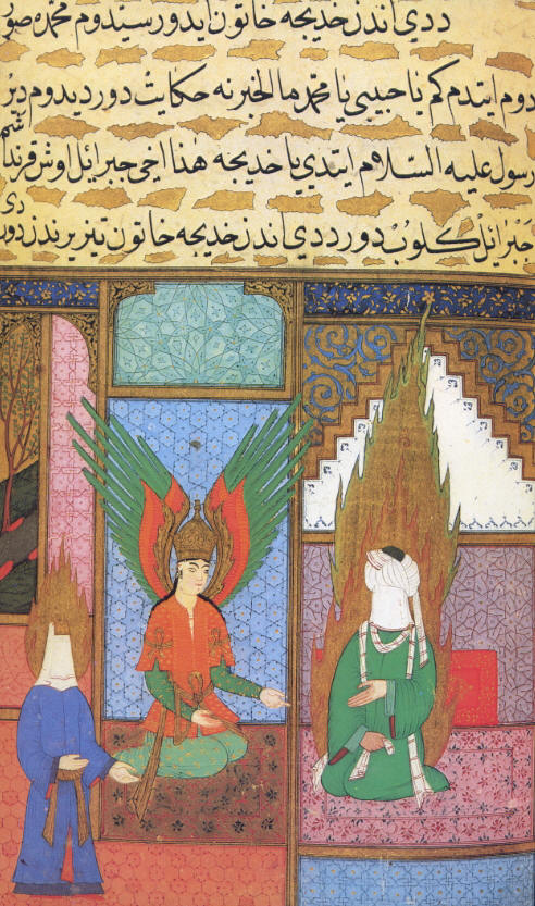 Cebrail (a.s.) Hz.Muhammed'in (s.a.v.) evinde belirir , Hatice (a.s.) ise solundadır.