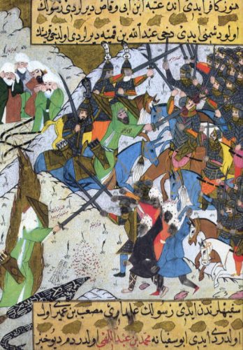 Peygamber Muhammed (s.a.v.) (sol altta) Uhud Muharebesi'nde savaşırken ve İmam Ali (s.a.v.) onu tüm gücüyle korurken (ortada yeşil renkteki resme bakınız), bazıları Peygamber Muhammed'in (s.a.v.) öldüğüne dair söylentiler yaydı. Ömer ibn Hattab ve Talha ibn Ubeydullah (sol üstte) savaşmayı bırakıp yas tuttular.