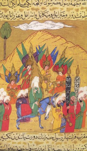 Hz. Muhammed (s.a.v.), Mekke'yi kurtarmak için yola çıkarken , kendisine eşlik eden birkaç başmelek ile birlikte.
