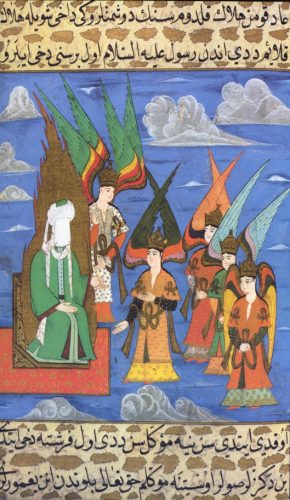 Hz.Muhammed (s.a.v.), etrafında başmeleklerle birlikte göksel tahtta otururken.