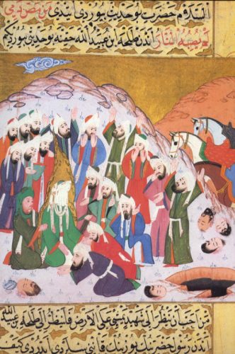 Uhud Savaşı'nda yaralanan Hz.Muhammed (s.a.v.), hayatta kalan takipçileriyle çevrili halde.