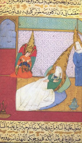 Hz. Muhammed (s.a.v.) hasta yatağında Cebrail (a.s.) ile konuşurken, sağında Fatıma (a.s.) bulunmaktadır .