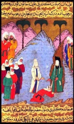 Hz.Muhammed ve eşi Aisha, bir kabile reisinin kızını serbest bırakıyor.
